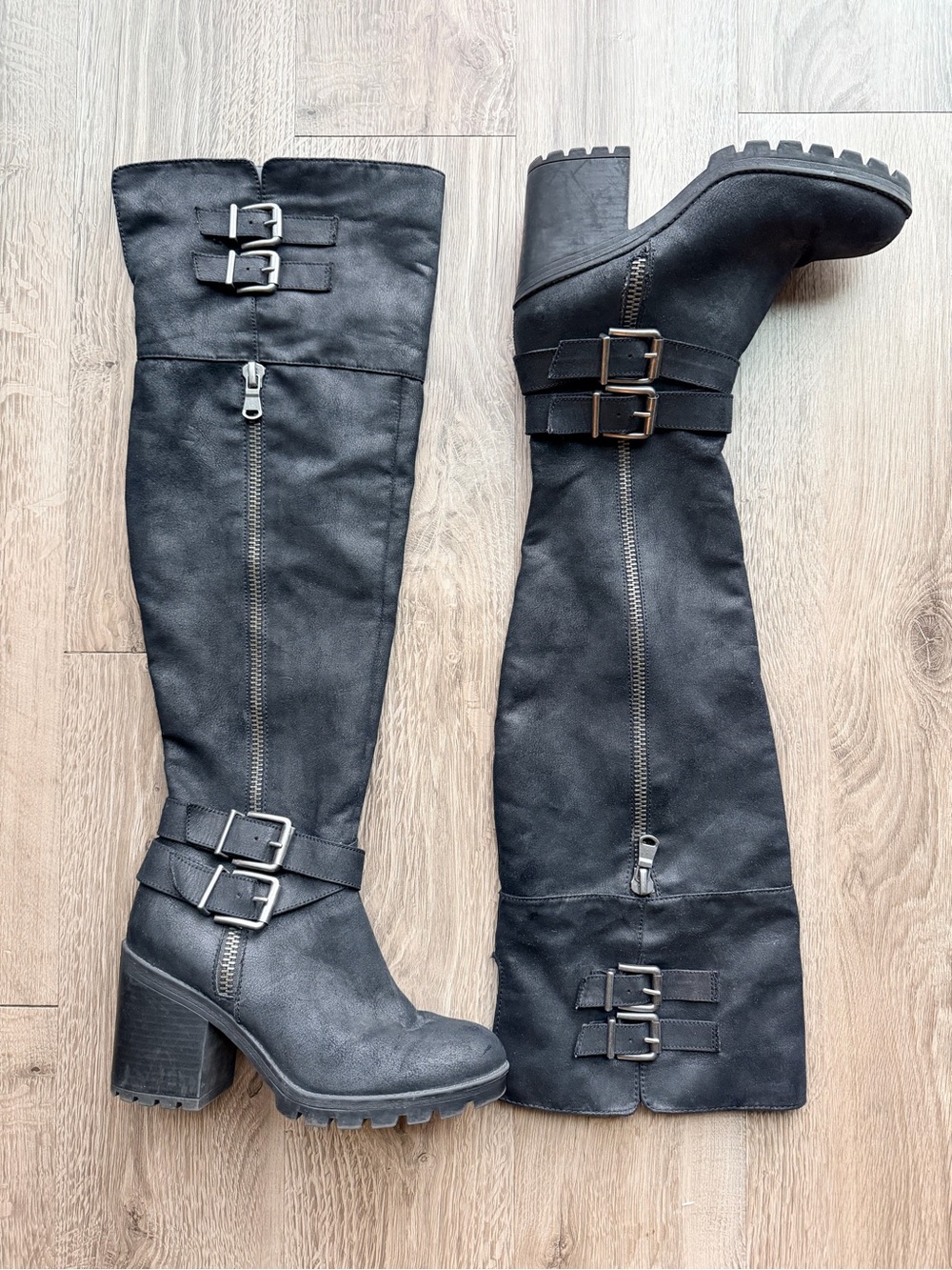 White Mountain Black Knee-High Buckle Heeled Boots